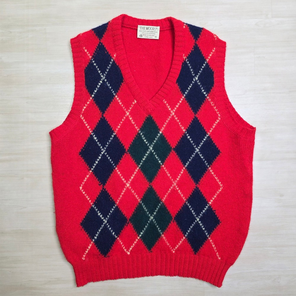 Lord Jeff The‎ Moors Mens Red Argyle Shetland Wool Sweater Vest V-Neck Medium